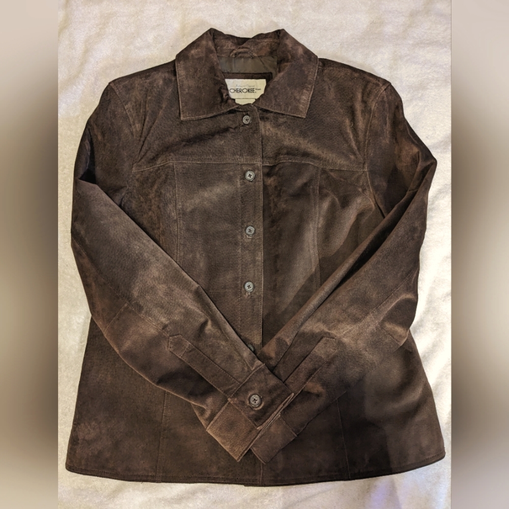 Cherokee Women's Sz Medium Brown Genuine Leather Suede Jacket Shirt Washable